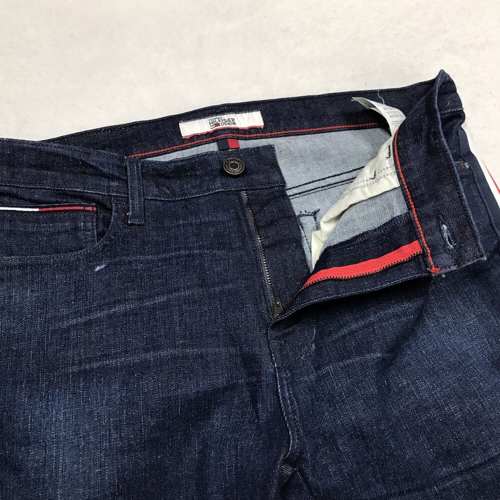 TOMMY HILFIGER Slim Taper Jean Men 33x30 Dark Wash Racing Stripe Honeycomb - Picture 4 of 16